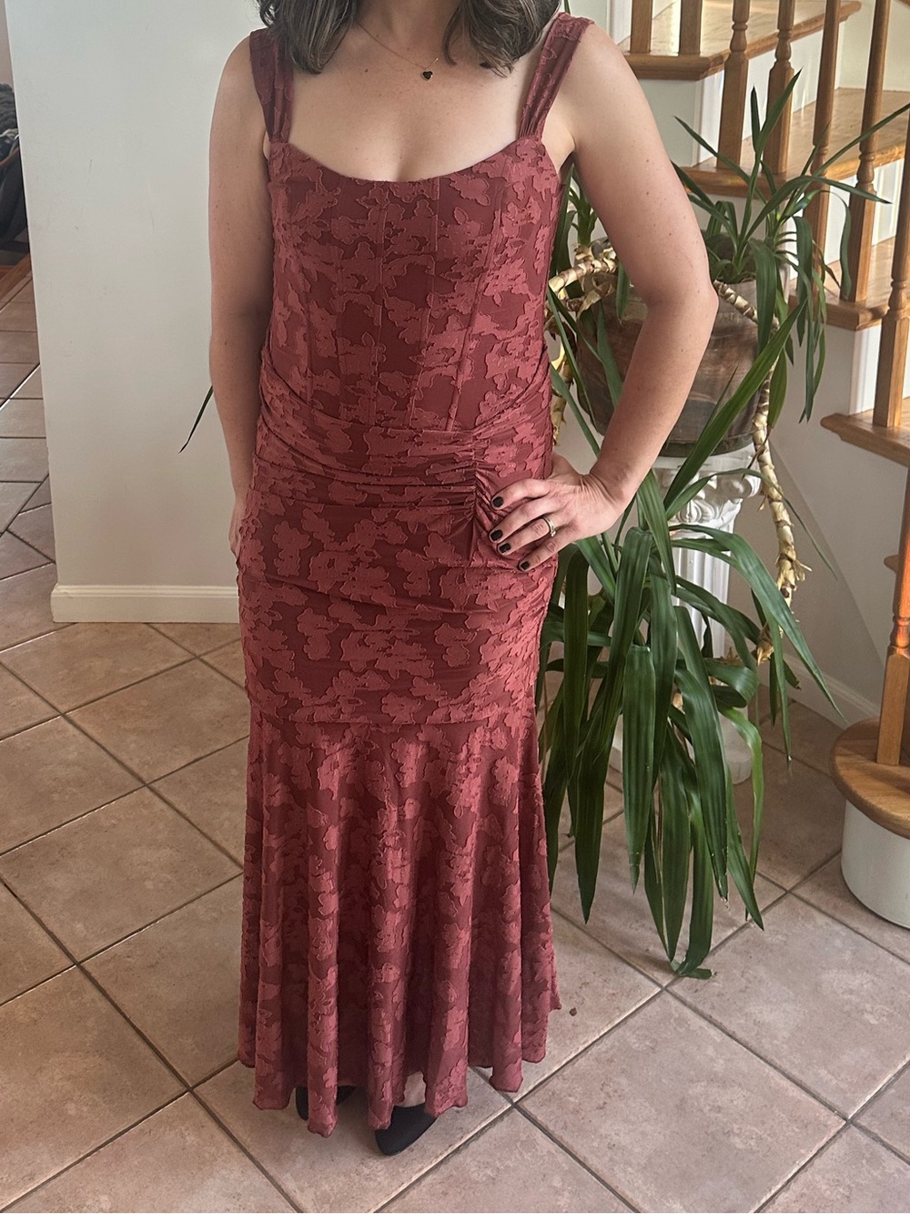 Lulus Celeste Rust Red Floral Burnout Bustier Maxi Dress - Size M - Picture 2 of 2